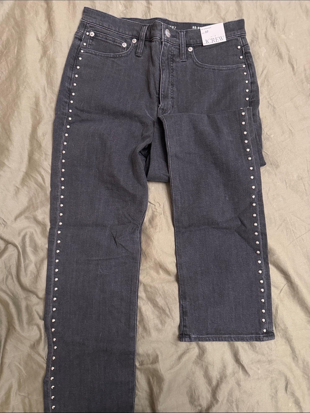 J. Crew Women's Charcoal Straight-Leg Jeans with Silver Stud Trim